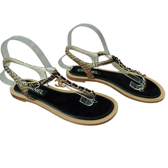 Chanel CC Chain Thong Fantasy Goatskin Sandal Black Gold Size 37.5 C US 6.5 7 - Picture 5 of 14